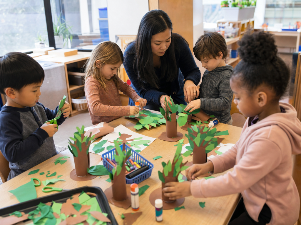 Enfants de maternelle fabriquant des arbres en papier pendant un atelier pédagogique